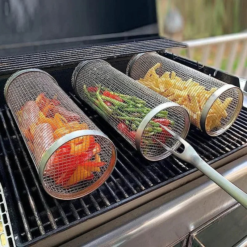 Stainless Steel Baking Cage Non Stick Pot Grill Basket Outdoor Portable BBQ Cage Rolling Grilling Basket Kitchen Accessories