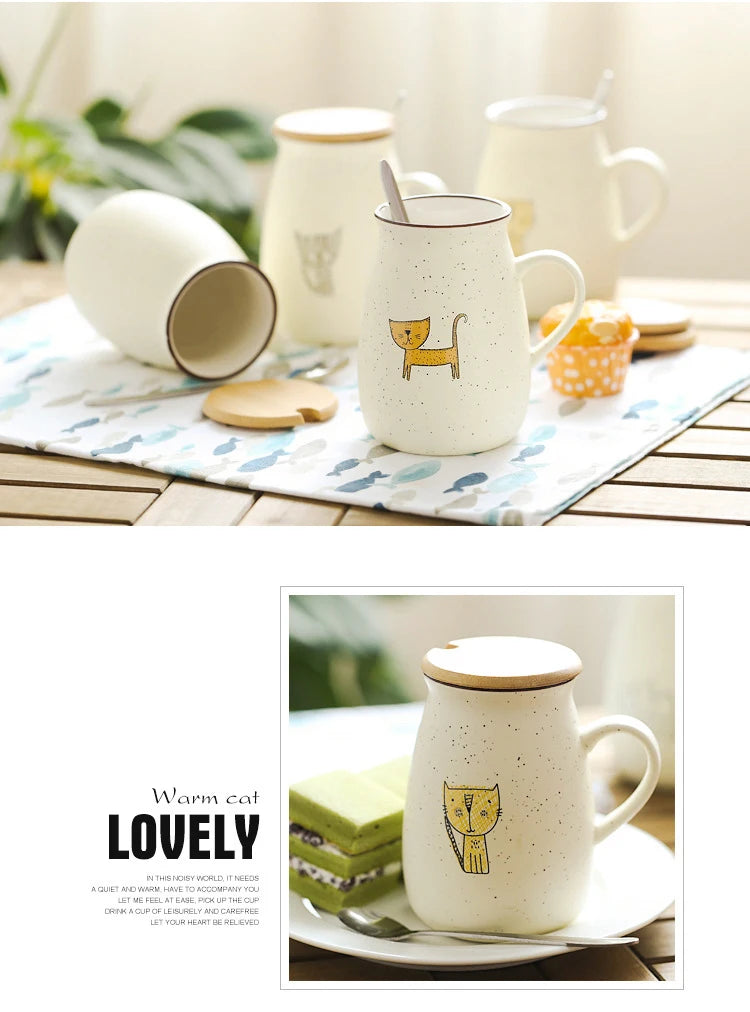 500Ml Creative Kitten Mug,Ceramic Tea Cups Mugs with Lid Spoon,Unique Cartoon Couple Coffee Mugs Milk Cup Wholesale