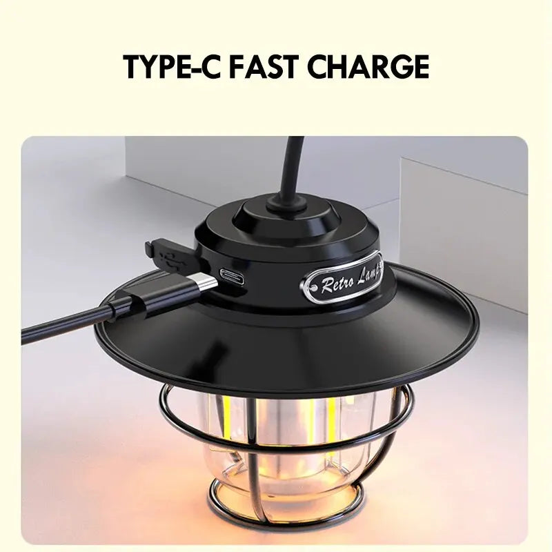 LED Camping Lamp Retro Hanging Lamp Portable Stepless Dimming Camping Light Waterproof Rechargeable Outdoor Light Lantern