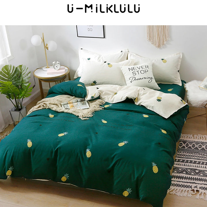 Pineapple Bedding Set with White Sheet Elastic Duvet Cover Pillowcase Green Bed Comforters Single Double Queen King Size 180X200