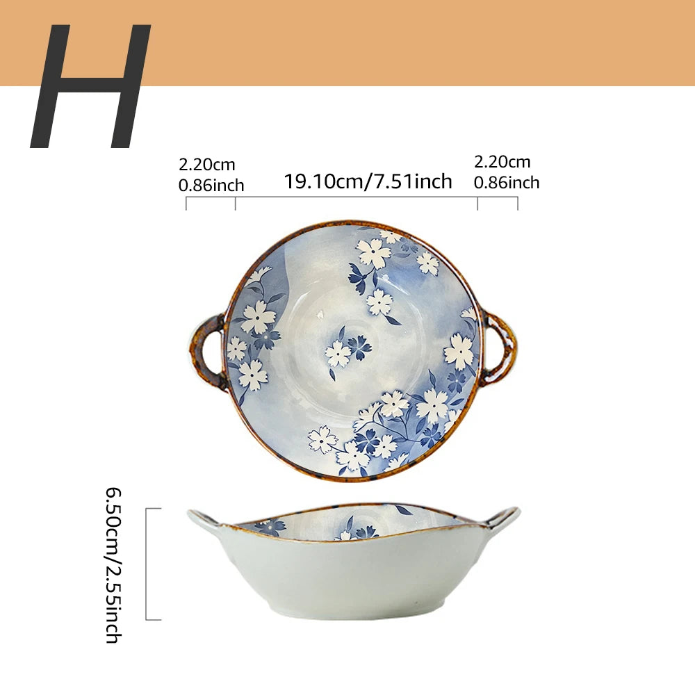 7.5Inch Japanese Household Noodle Bowl Ceramic Soup Bowl with Handle Salad Pasta Bowl Kitchen Tableware Microwave Oven Bakware