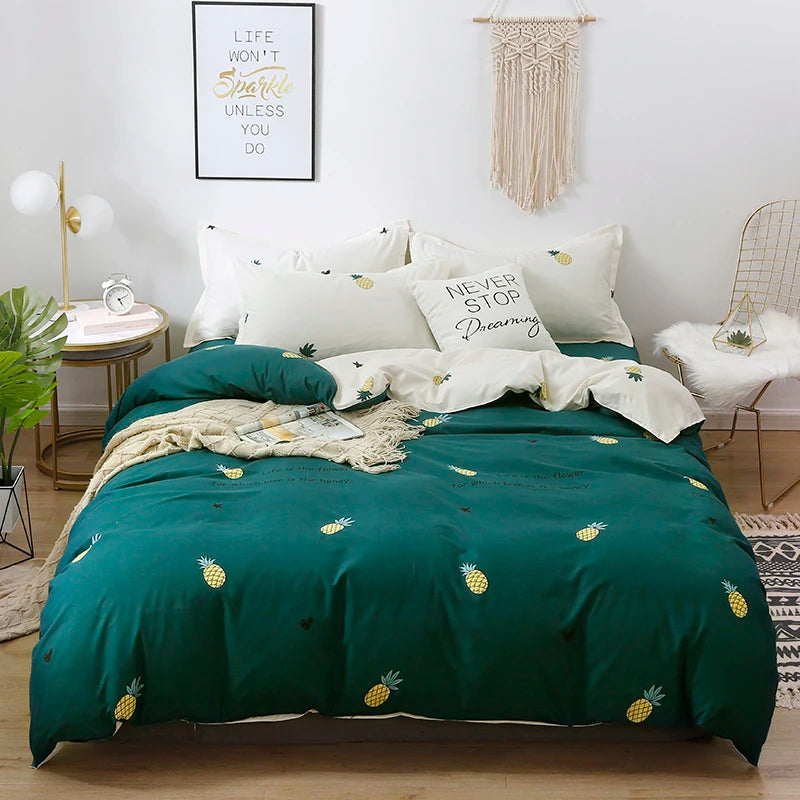 Pineapple Bedding Set with White Sheet Elastic Duvet Cover Pillowcase Green Bed Comforters Single Double Queen King Size 180X200