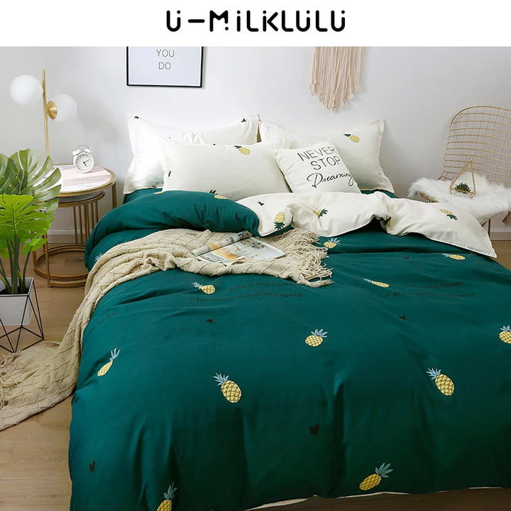 Pineapple Bedding Set with White Sheet Elastic Duvet Cover Pillowcase Green Bed Comforters Single Double Queen King Size 180X200