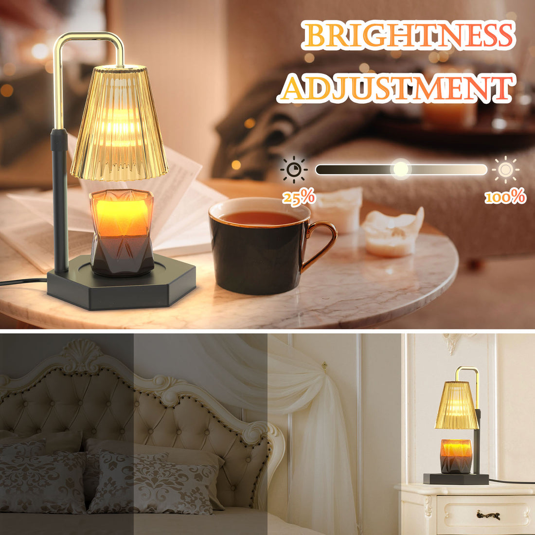 Candle Warmer Lamp Amber Glass and Black Base