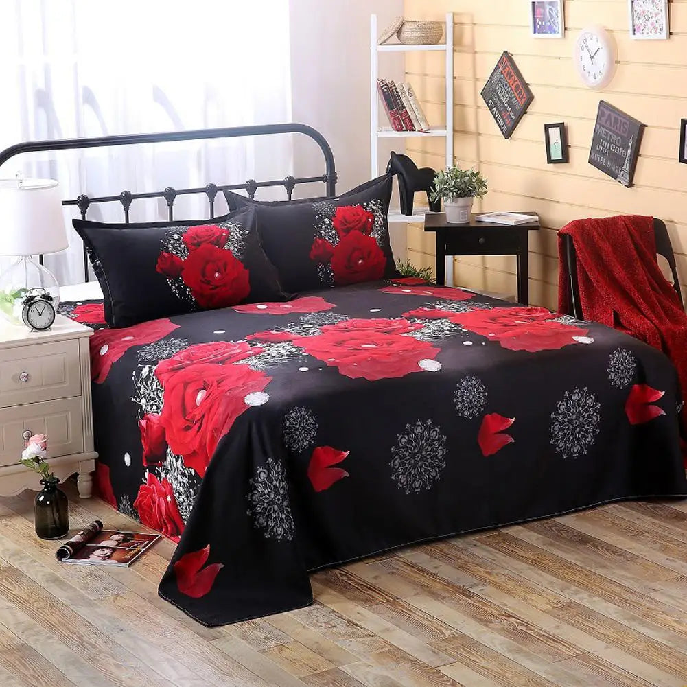 3 Piece Sheet Set 3D Printed Polyester Bedding Sheets Flower Design Bedding Flat Sheet Pillowcase Queen Bed Sheets