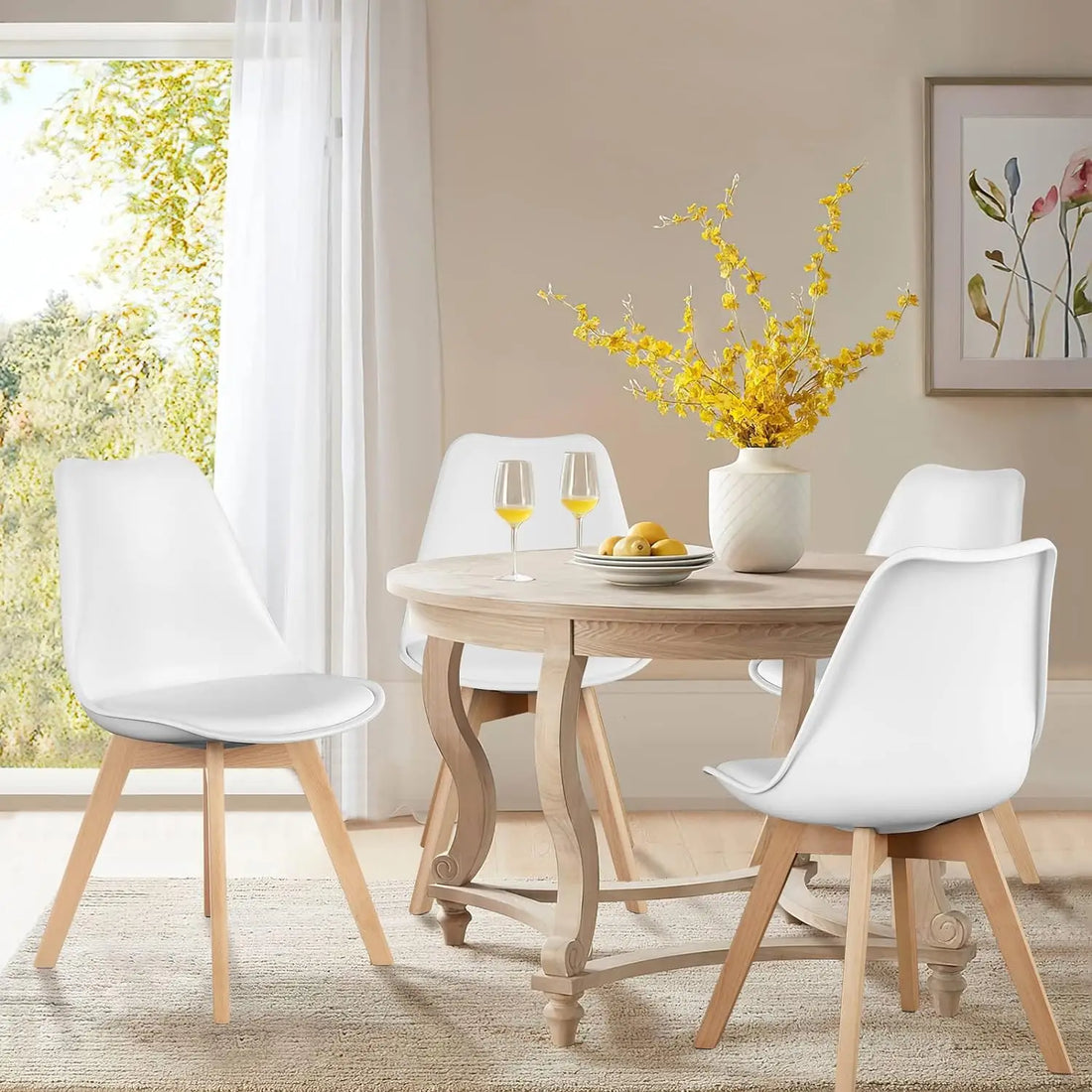 Dining Chairs Set of 4, Mid-Century Modern Dining Chairs with Wood Legs and PU Leather Cushion, Kitchen Chairs for Living