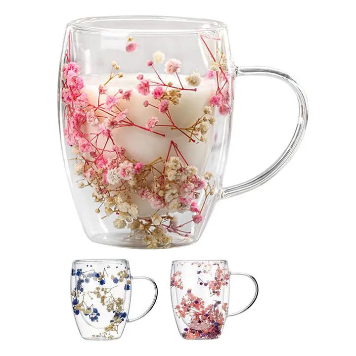 Dried Flowers Double Wall Glass Mug