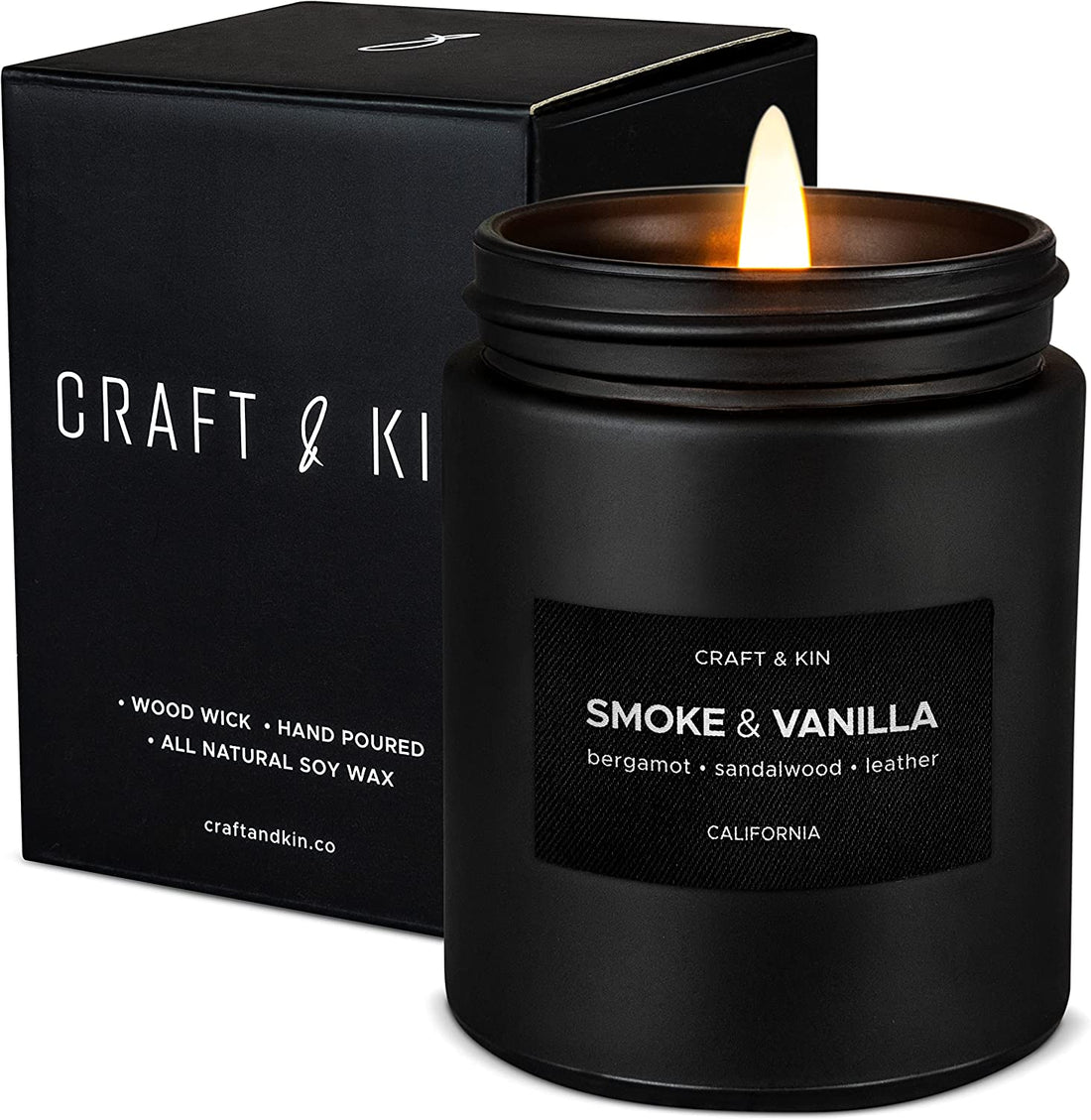 Smoke & Vanilla Candle | Scented Candle for Men | Masculine Candle | Soy Candle | Scented Candle for Home Scented | Black Candles | Long Lasting Candles with 45 Hour Burn Time 7.6Oz