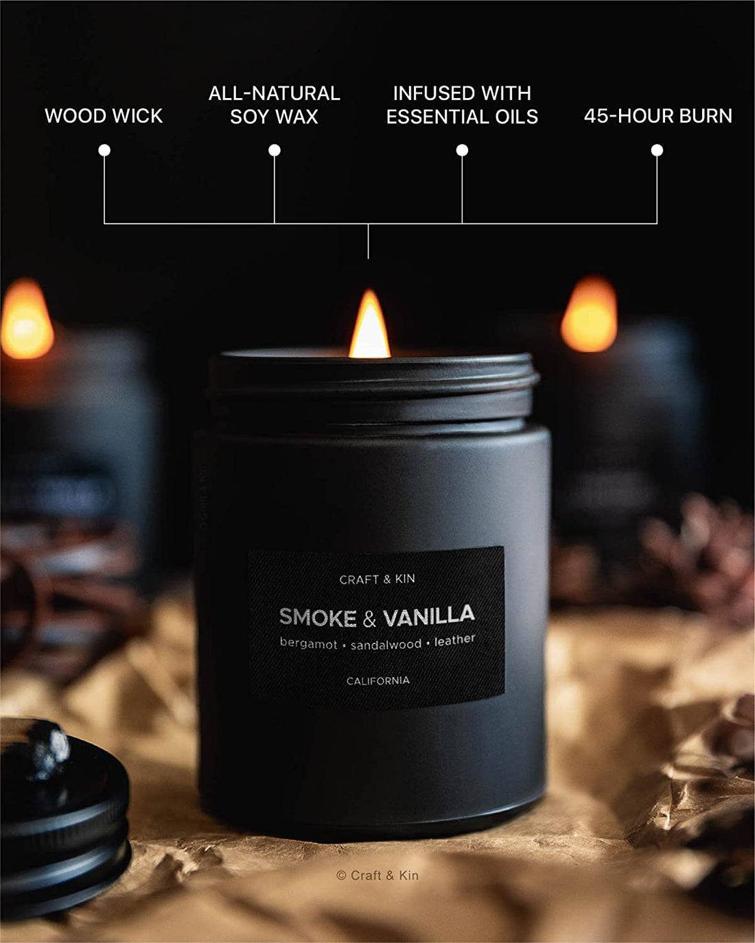 Smoke & Vanilla Candle | Scented Candle for Men | Masculine Candle | Soy Candle | Scented Candle for Home Scented | Black Candles | Long Lasting Candles with 45 Hour Burn Time 7.6Oz