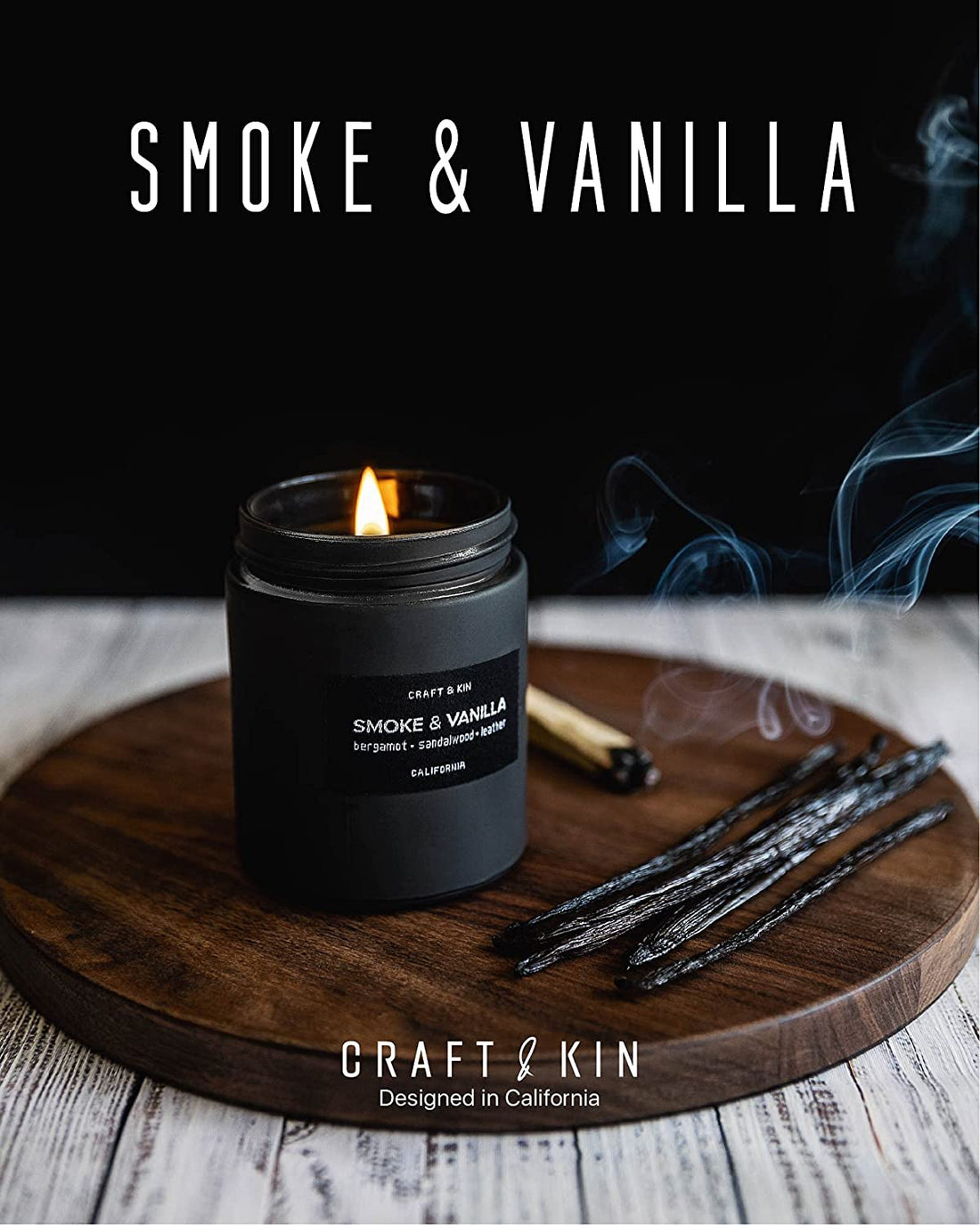 Smoke & Vanilla Candle | Scented Candle for Men | Masculine Candle | Soy Candle | Scented Candle for Home Scented | Black Candles | Long Lasting Candles with 45 Hour Burn Time 7.6Oz