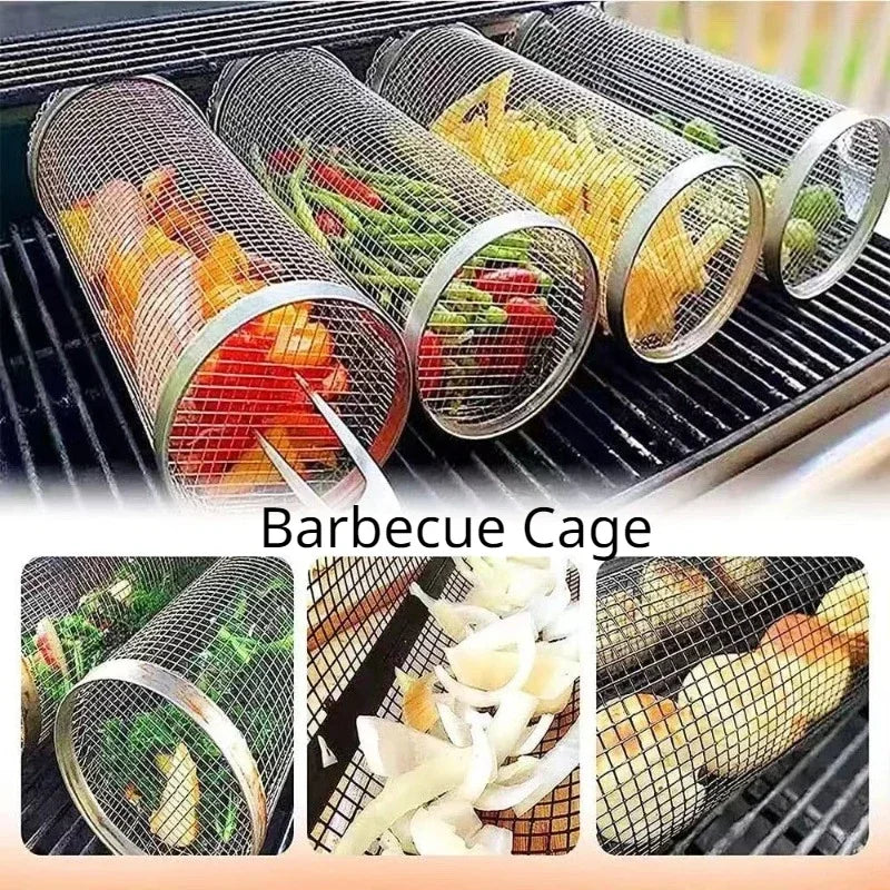 Stainless Steel Baking Cage Non Stick Pot Grill Basket Outdoor Portable BBQ Cage Rolling Grilling Basket Kitchen Accessories